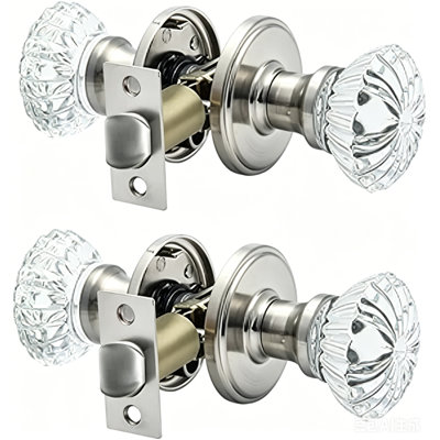 Cielsa Dawn Crystal Door Knobs 2 Pack Glass Doorknobs for Bed Bath Clear Glass Privacy Interior Door Locks Handles （Satin Nickel, Privacy）