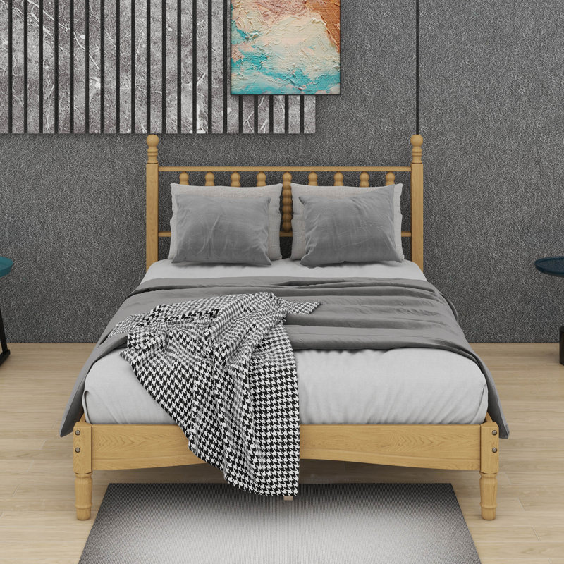 Base de lit en bois avec tête de lit en forme de gourde, lit plateforme avec support en lattes de bois, Lit double