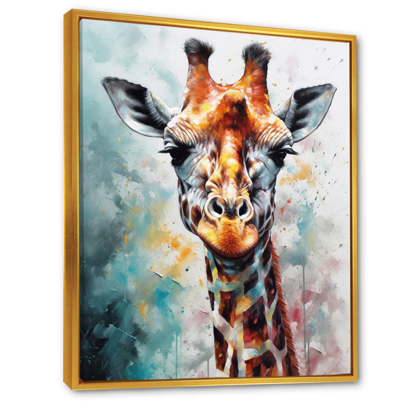 Portrait abstrait de girafe - Art mural girafe, H 40 po x l 30 po, Cadre flottant doré