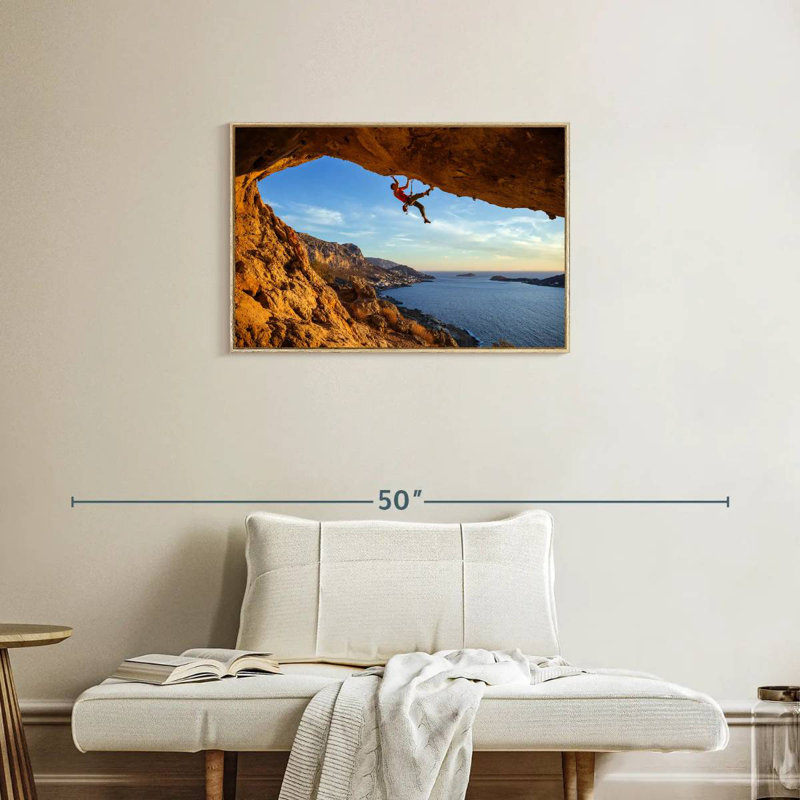 Free Rock Climbing, Floating Frame Natural Wood, 31" X 21"