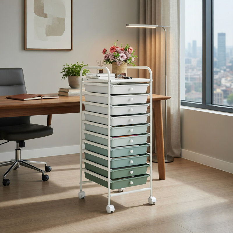  Chariot de rangement roulant à 10 tiroirs avec roulettes verrouillables, structure en acier robuste, tiroirs coulissants pour la maison, le bureau et le garage, vert lime