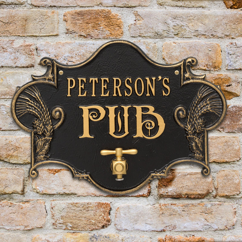 Hops and Barley Beer Pub 2-Line Wall Address Plaque, Black Gold, Yes