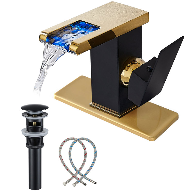 Bathroom Faucet Single Hole Handle Led Waterfall Open Spout Modern Brass Sink Vanity Faucets, Gold/Matte Black