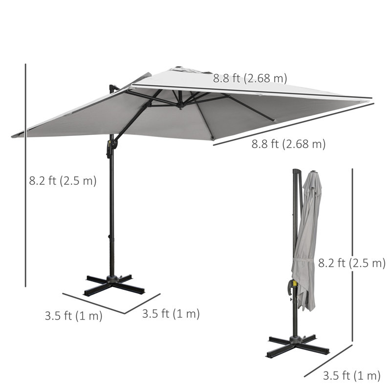Parasol de patio en porte-à-faux avec base, manivelle, rotation à 360 °