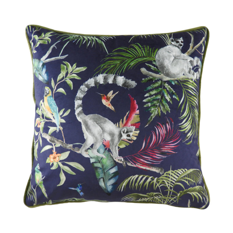 Fall Jungle Lemur Cotton Square Throw Cushion, Feathers