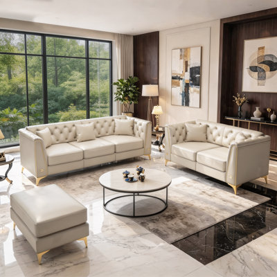 Luxury 3-Piece Faux Leather Living Room Set with Handmade Button Tufted and Ottoman