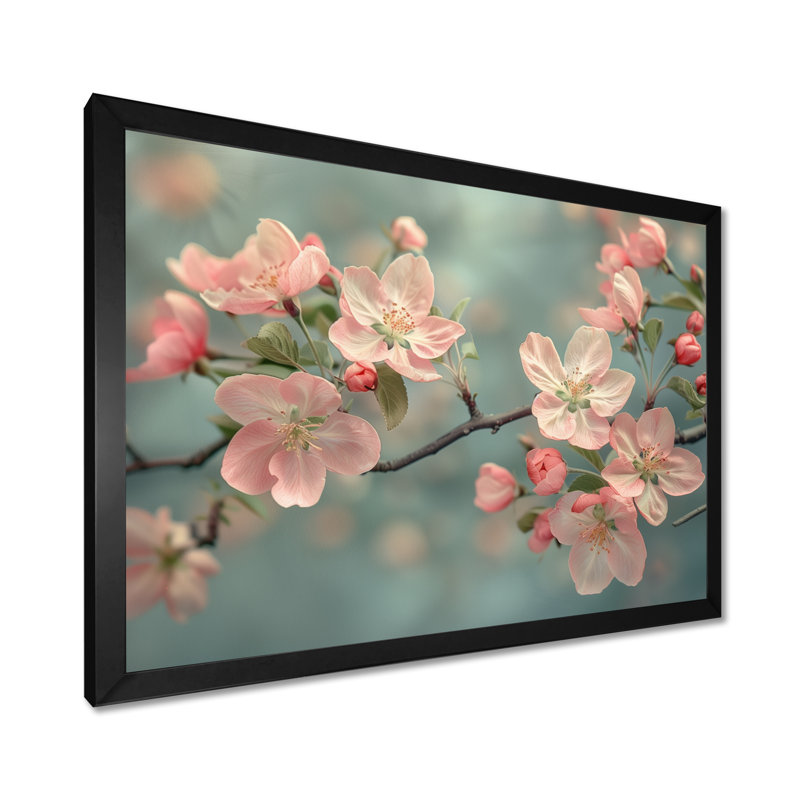 Fleurs de pommier rose et gris I - Art mural, H 12 po x l 20 po, Cadre simple noir, bois massif
