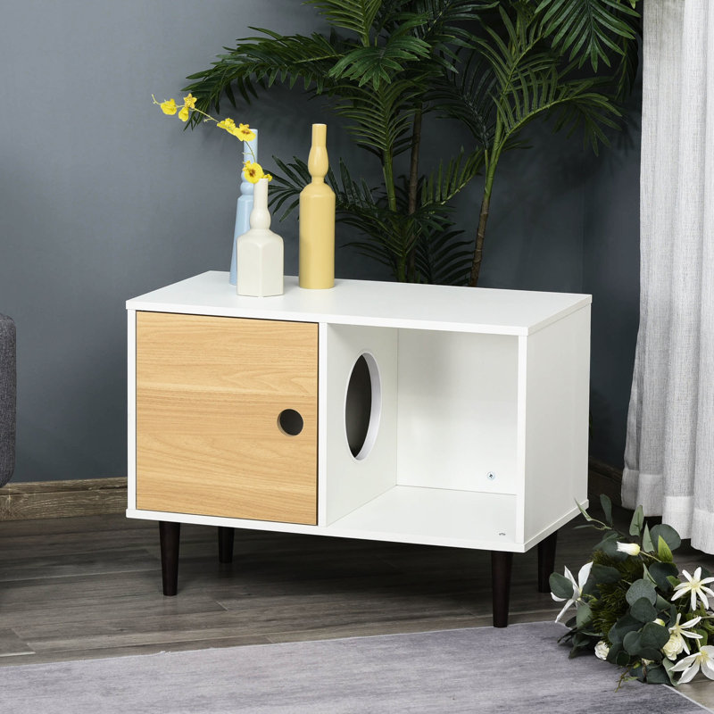 Lit pour chat surélevé blanc avec coussin, rangement pour accessoires pour animaux de compagnie, trou de circulation d'air en bois, abri de maison confortable