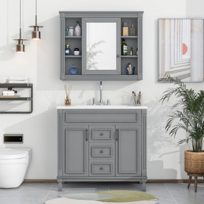 Meuble-lavabo moderne de 36 po avec lavabo supérieur, armoire de toilette grise et portes à fermeture en douceur pour un rangement efficace