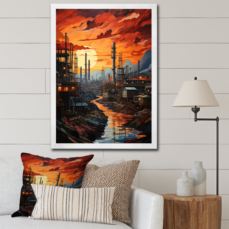 Semarang " Orange Oil Rigs Oil Odyssey ", 44" H x 34" W x 1.5" D, White Picture Framed