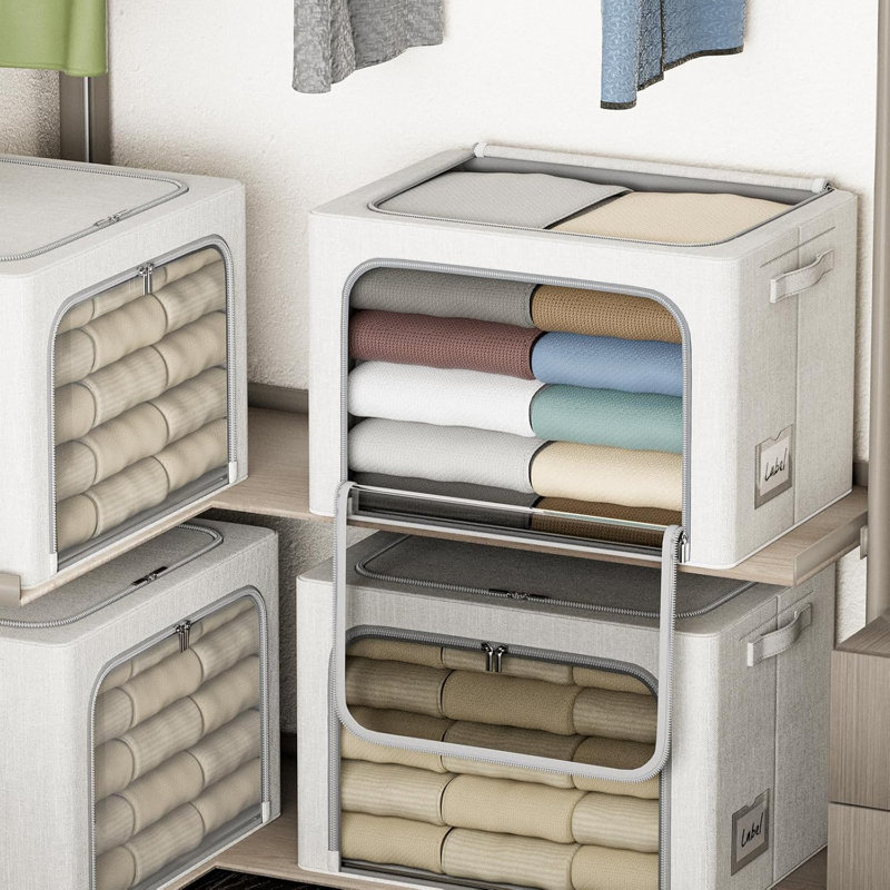 Ensemble de 4 bacs de rangement pour vêtements empilables avec cadre et couvercles en métal - Contenants de rangement en tissu pliables avec fenêtres transparentes, fermetures à glissière et poignées pour l'organisation à la maison