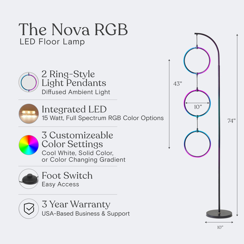3 Ring Lamp 74 in. Modern Industrial Arc LED Floor Lamp, Built-In Color-Changing Options