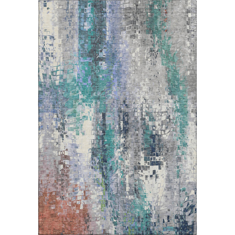 Premium Machine Washable Mayfield AMF2254 Abstract Rug, Teal, 9' x 12'
