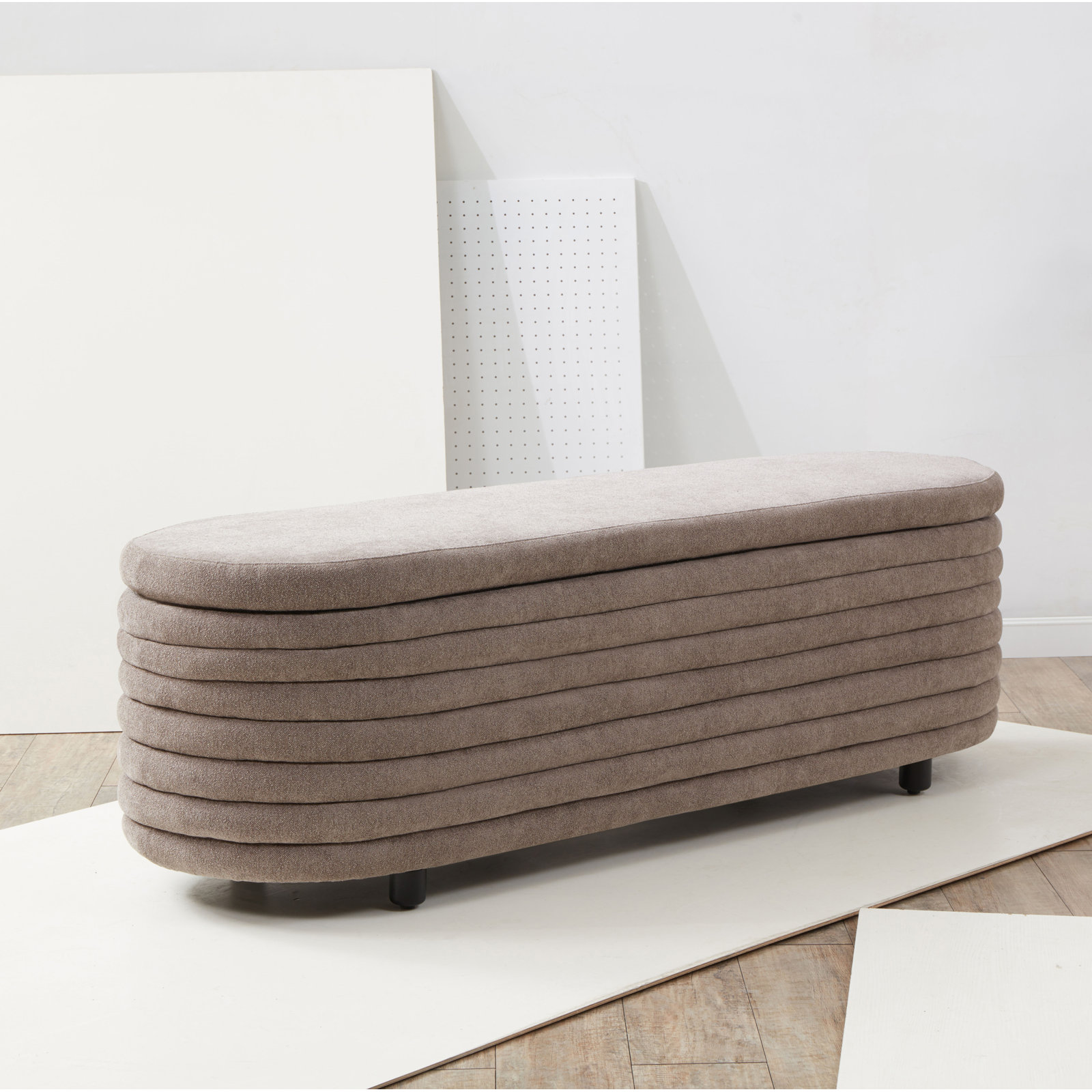 Delray Upholstered Flip Top Storage Bench, Brown Boucle