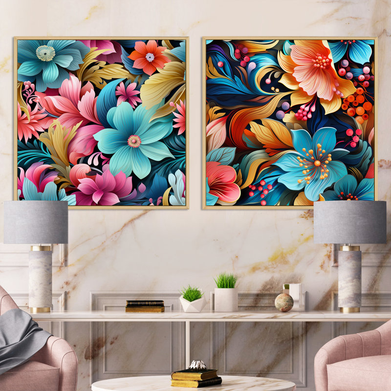 Hibiscus éclectique Fusion Frenzy - Ensemble de 2 collages floraux carrés, Cadre flottant brun, H 30 po x l 61 po