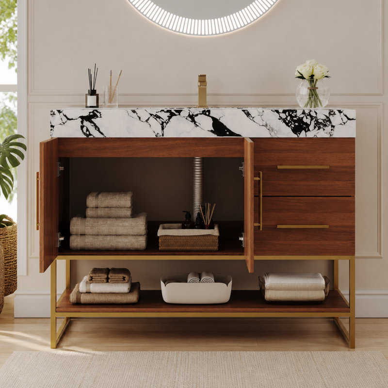 Meuble-lavabo autoportant moderne 36 po avec lavabo en céramique sans soudure et plateau en pierre frittée, Walnut