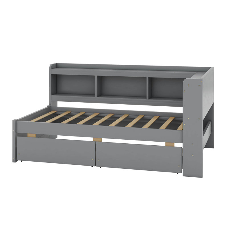 Twin Size Daybed With Drawers, Solid Wood Corner Bed Frame With L-Shaped Bookcase, Grey