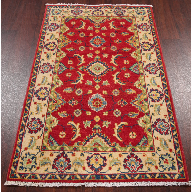 Tapis d’intérieur en laine rouge/ivoire 2 pi 8 po x 4 pi 4 po one-of-kind à la main-noué la 2010 kazak