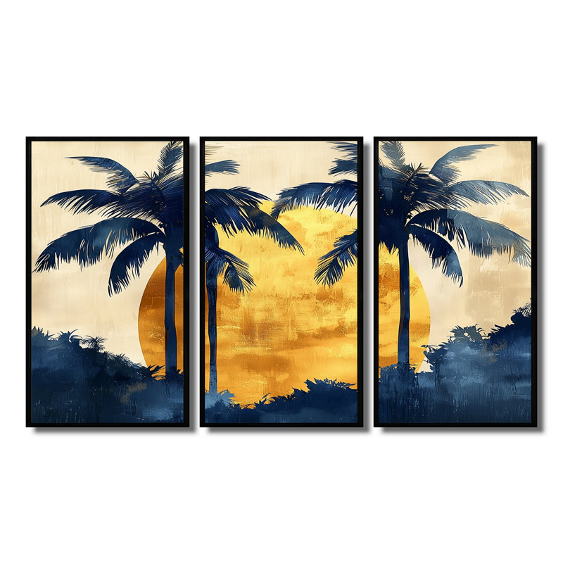 «Blue and Gold Palm Trees Scenery I», ensemble d'art mural palmiers, H 28 po x l 36 po x P 1 po