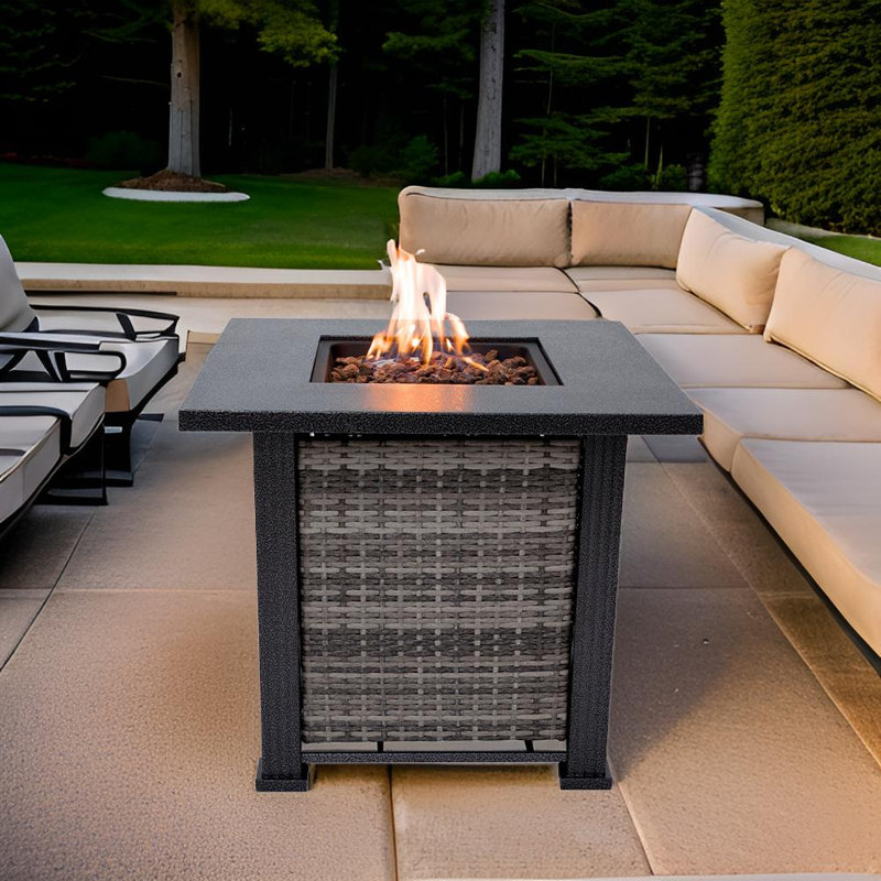 Madisongrace 24.4'' H x 28'' W Outdoor Propane Fire Pit Table 50,000 BTUs with Lava Rocks & Lid, Gray
