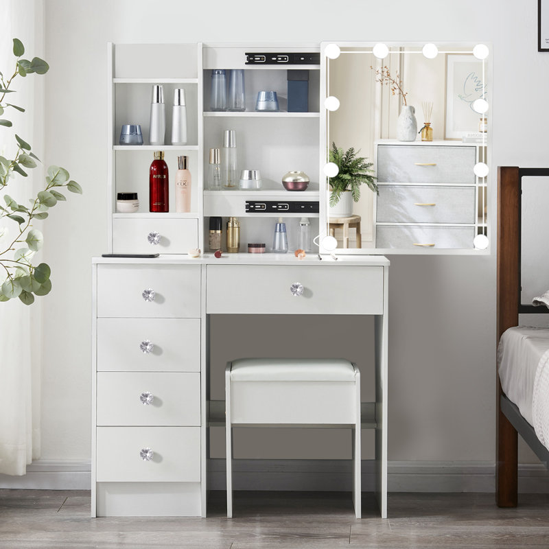 Bureau de coiffeuse avec miroir et 10 lumières DEL Solymar, coiffeuse de maquillage avec lumières et 6 tiroirs de rangement, coiffeuse à 3 tablettes cachées pour la chambre à coucher, blanc