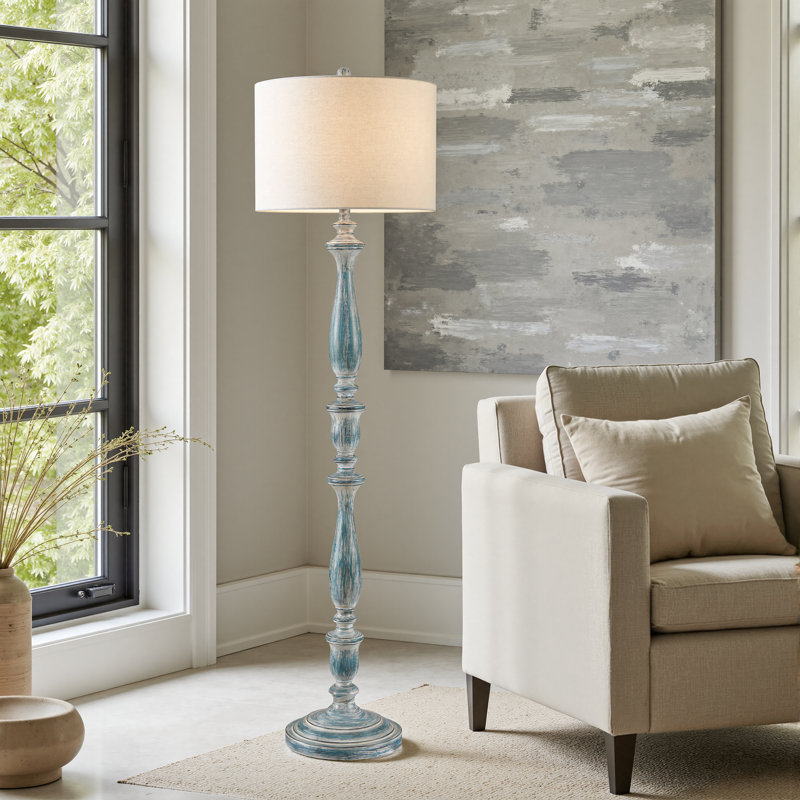 61.25'' Rustic Distressed Blue Floor Lamp With Drum Shade