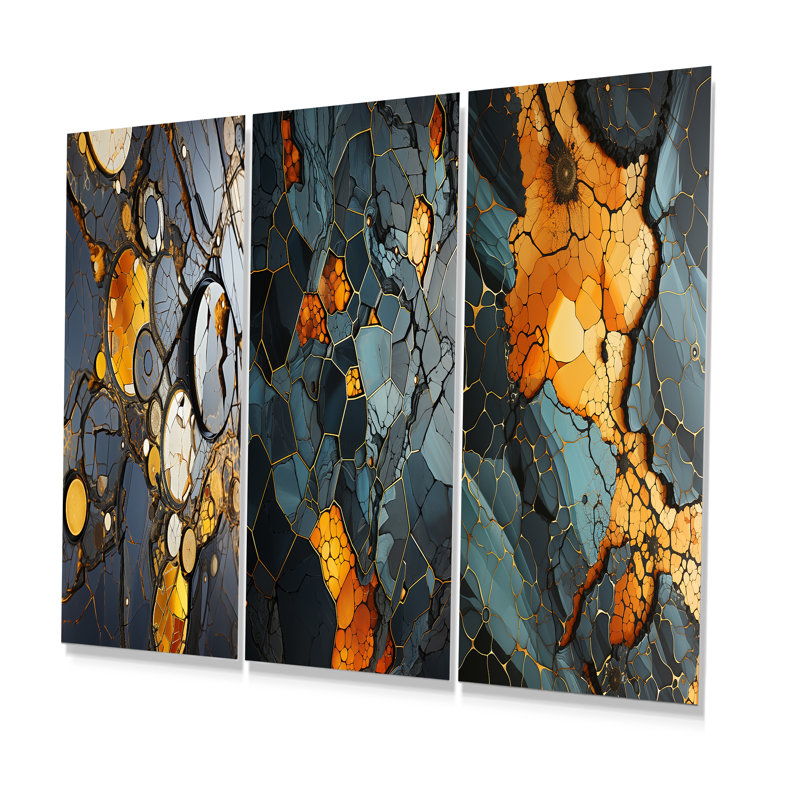 Marbre jaune et noir Elegance I - ensemble de 3 reproductions d'art géométriques abstraites en métal, H 28 po x l 36 po