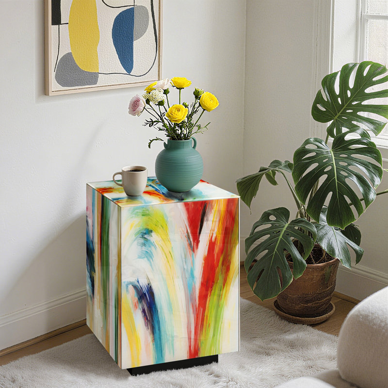 Ossi 22"H Modern Accent Block End Table with Printed Art Glass