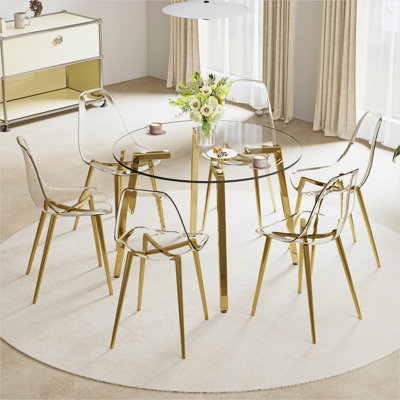 Salle à manger à aire ouverte avec table ronde en verre transparent, 42 po, sièges 4, base en métal doré