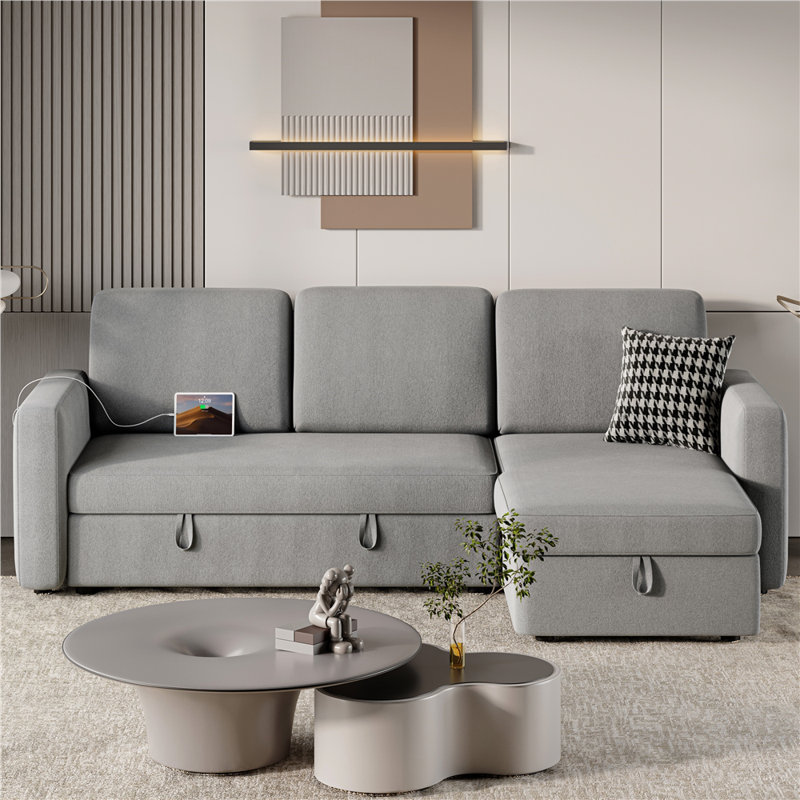 Evaro 69.5'' W Reversible Sleeper Sectional Sofa with USB Outlet, Light Gray Linen