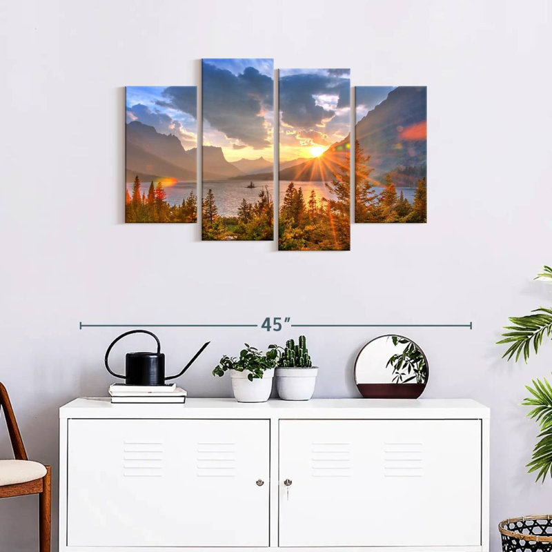Lakeside Mountains, Montana, lac Saint Mary - 4 pièces sur toile tendue, H 22 po x l 36 po x P 1 po