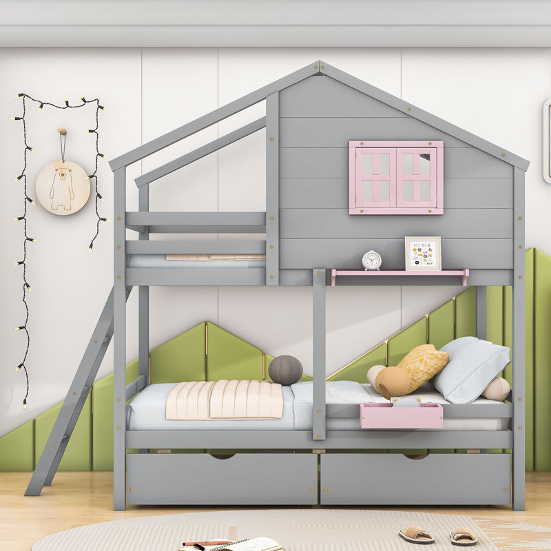 Lit superposé simple en bois en forme de maison avec tiroirs de rangement et fenêtre, Gris