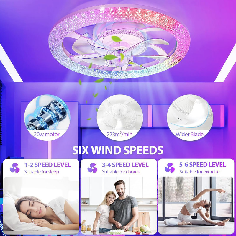 2 In 1 Wifi RGB-LED 20” Ceiling Fans With Lights And Remote, 3000-6500K Dimmable Flush Mount Smart Low Profile Ceiling Fan With Lights, Bluetooth 6 Speeds Bladeless Fans With APP, For Bedroom