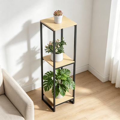 Support à plante à 3 niveaux pour intérieur, tablette moderne de 46 pouces pour le salon, le balcon, la terrasse, le jardin, le support de pot de fleurs en coin, structure en métal robuste avec tablettes en bois aggloméré