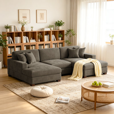 3 - Piece Upholstered Camel Chenille Modular Sectional Sofa with Armrests & Throw Pillows