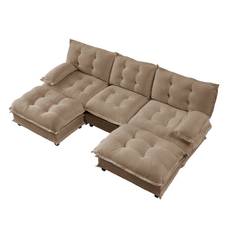Canapé modulaire modulaire en chenille 107,8 po avec siège profond et 2 repose-pieds, Chenille café clair