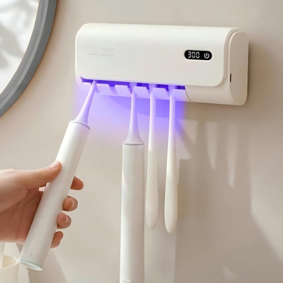 Porte-brosse à dents, minuterie et 5 fentes pour brosse à dents murale sans fil avec fonctions de séchage. (Blanc)