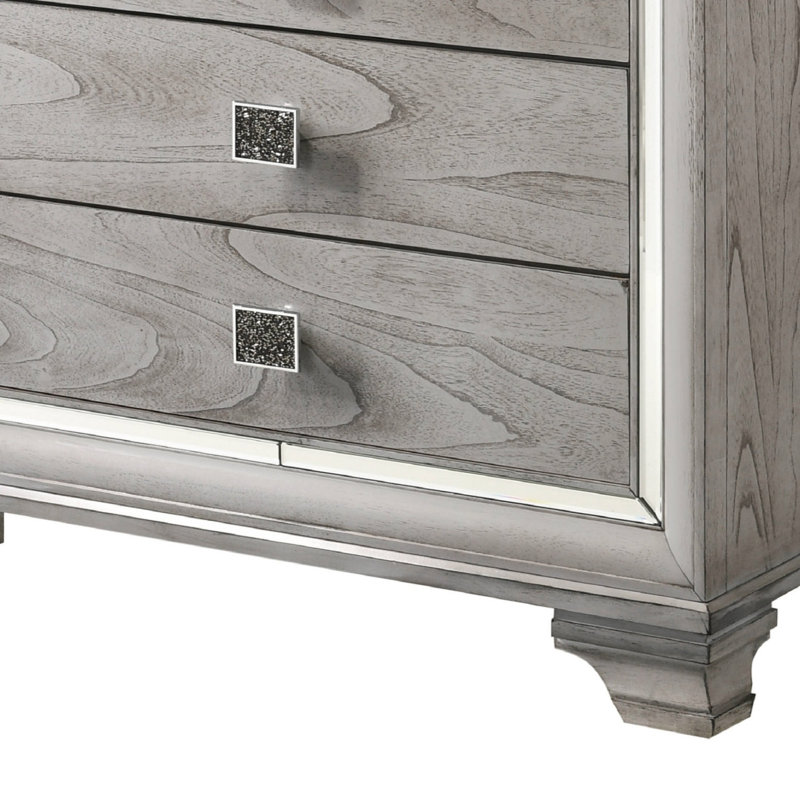 Contemporary Light Grey Brown 5-Drawer Chest with Mirrored Accents, Solid Wood Construction for Elegant Bedroom Storage