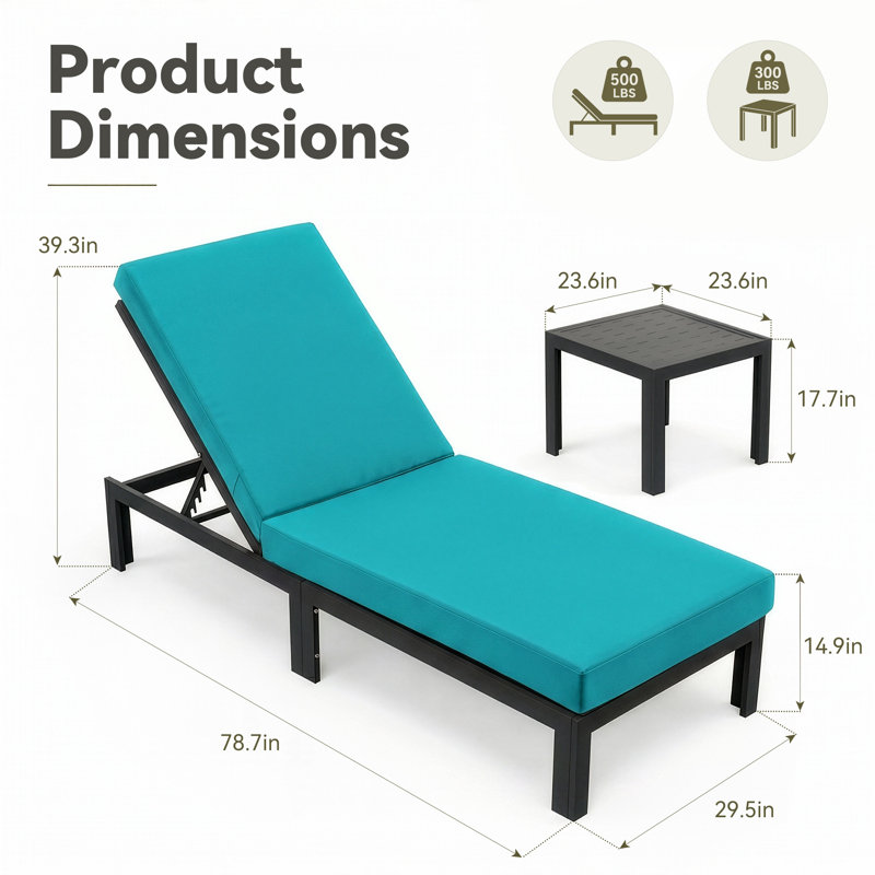 Outdoor Aluminum Chaise Lounge Chair with Side Table & Cushions, Rust-Resistant Adjustable Recliner for Patio, Pool, Deck