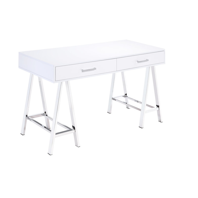 White High Gloss Desk With Plug And 2 Storage Compartments, Modern Office Furniture Table Drawers, Glossy Finish, Rectangular