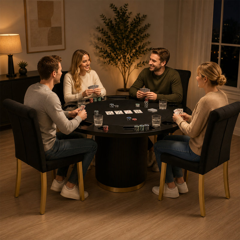 Ensemble de table ronde 5 pièces avec 4 chaises de salle à manger rembourrées, table de poker convertible et table de salle à manger avec porte-gobelets, accents dorés, sièges 4