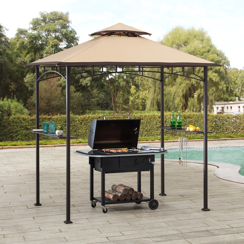 Sunjoy 8 ft. x 5 ft. Black Steel Frame Double Tiered Canopy Grill Gazebo for Outdoor, Patio, Garden, and Backyard Activities