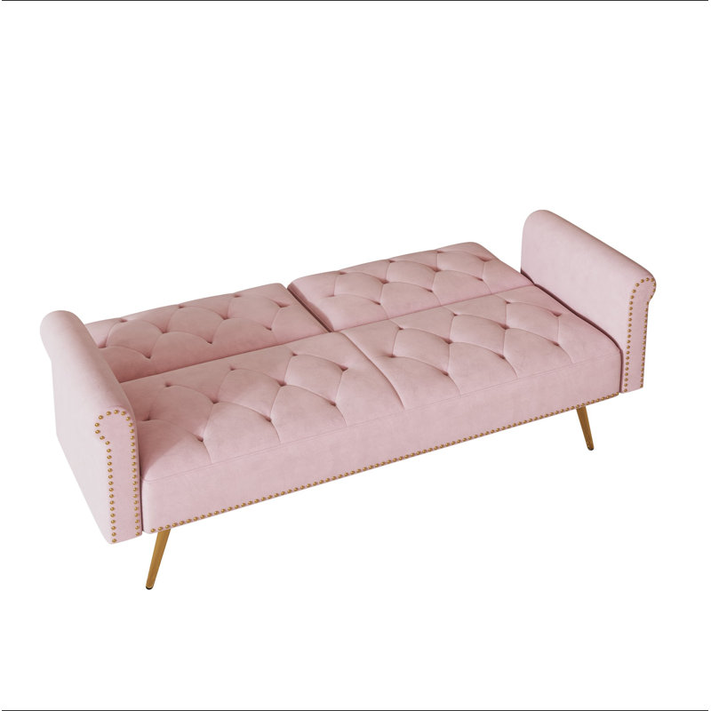 Canapé-lit convertible 69,7 po en velours rose ultra doux, garniture cloutée et coussin décoratif assorti