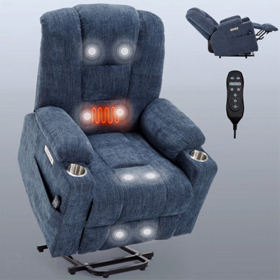 Avec fauteuil inclinable avec fonction de levage électrique avec fonction de massage et avec fonction de chauffage, avec des fauteuils inclinables larges, avec mécanisme de mouvement robuste avec port USB et ports de port de type C, 2 porte-gobelets en acier, bleu, pour les personnes âgées