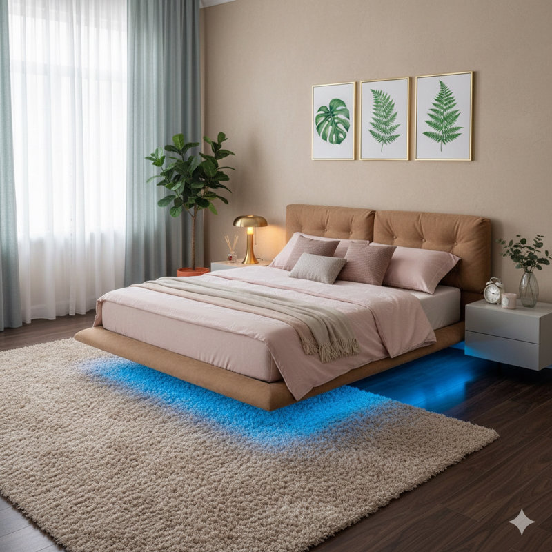Grand cadre de lit flottant rembourré de grande taille avec lumières DEL, un lit plateforme en cuir PU avec une tête de lit capitonnée, facile à assembler, le sommier est optionnel, dans une finition kaki.