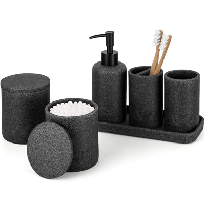 6-Piece Black Bathroom Accessory Set: Organiser, Toothbrush Holder, Soap Dispenser, Vanity Tray, 2 Qtip Holders