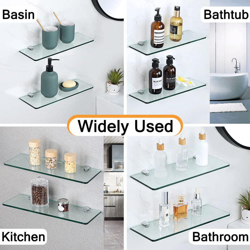 Tablettes flottantes en verre pour salle de bain, tablette en verre trempé pour mur 15 x 5 pouces, paquet de 2, transparent