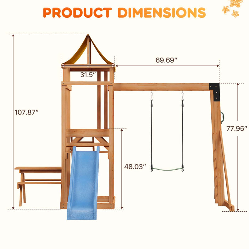 Ensemble de balançoire d'extérieur en bois avec glissade et mur d'escalade - idéal pour les cours et les aires de jeux