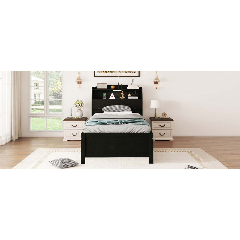 Lit plateforme en bois avec lit gigogne et tête de lit à DEL avec tiroirs, Lit simple, Espresso