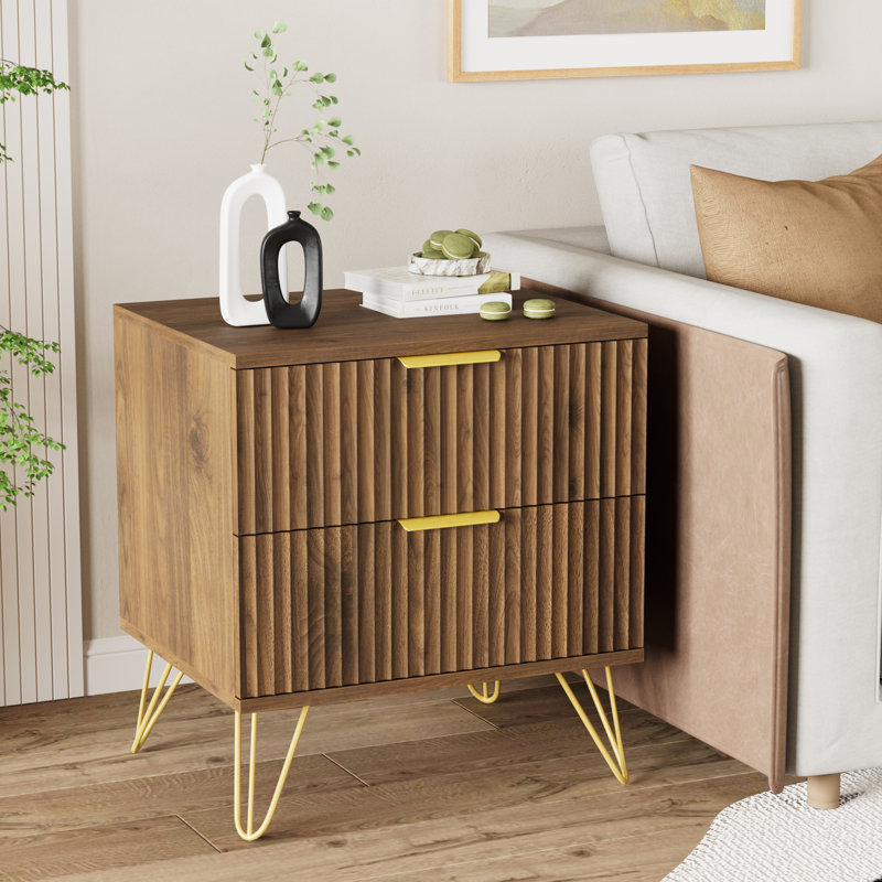 Fluted Nightstand With 2 Drawers, Walnut